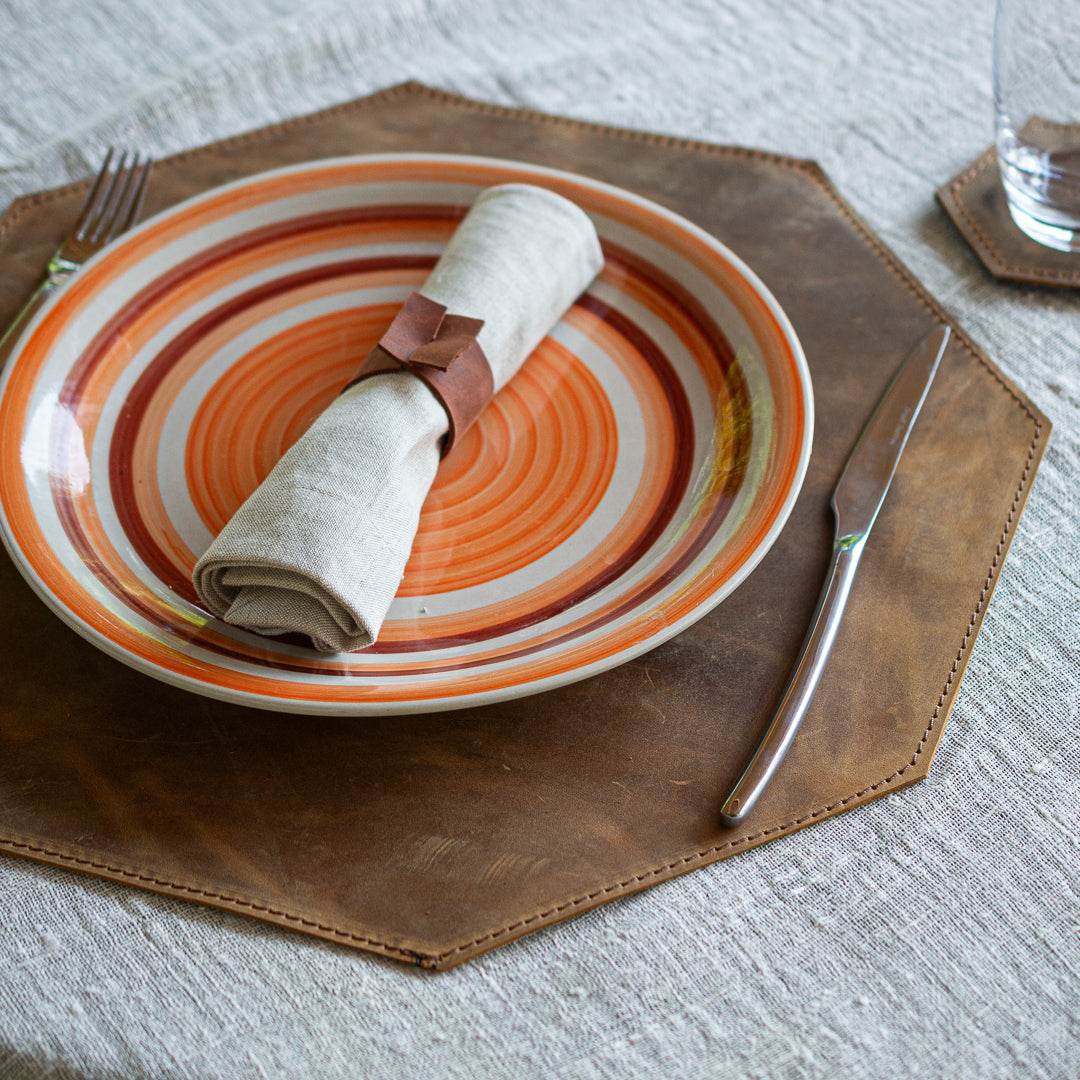 Handmade Octagonal Leather Placemats – Rustic Elegance for Your Table - Chefrollbag