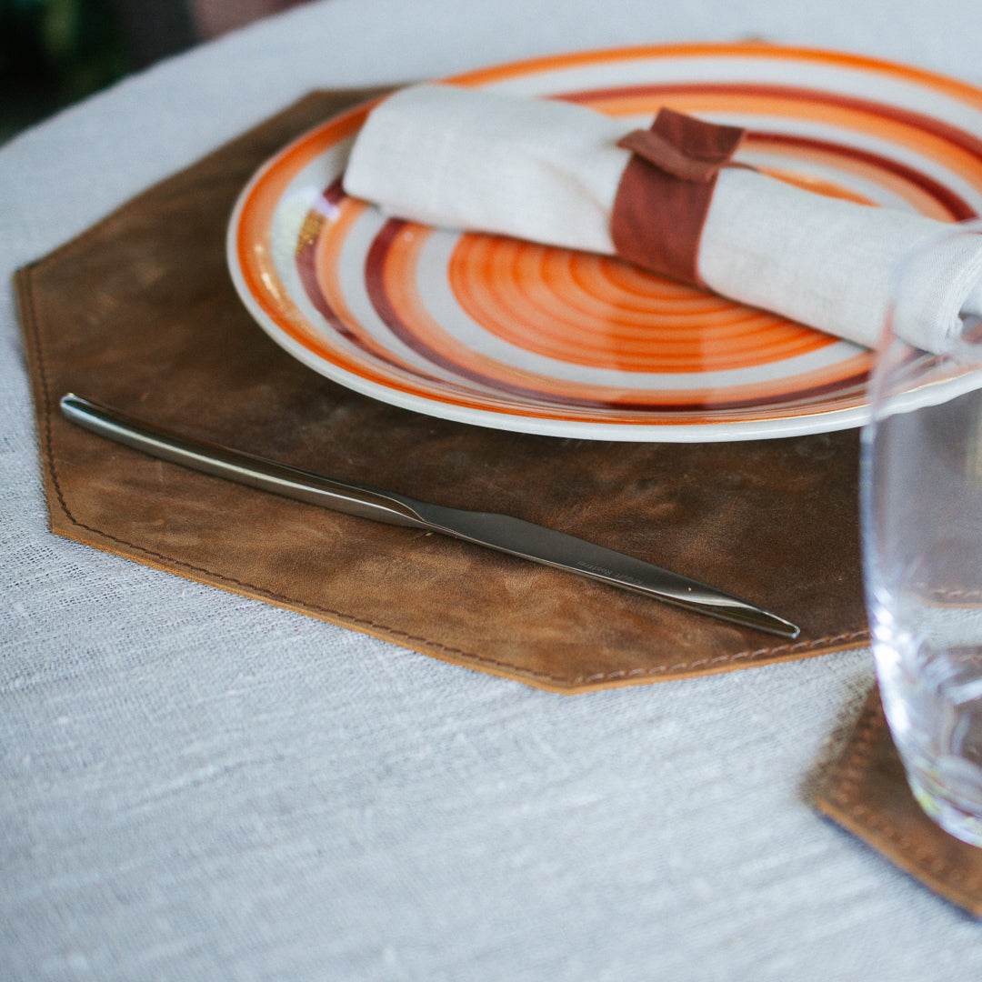 Handmade Octagonal Leather Placemats – Rustic Elegance for Your Table - Chefrollbag
