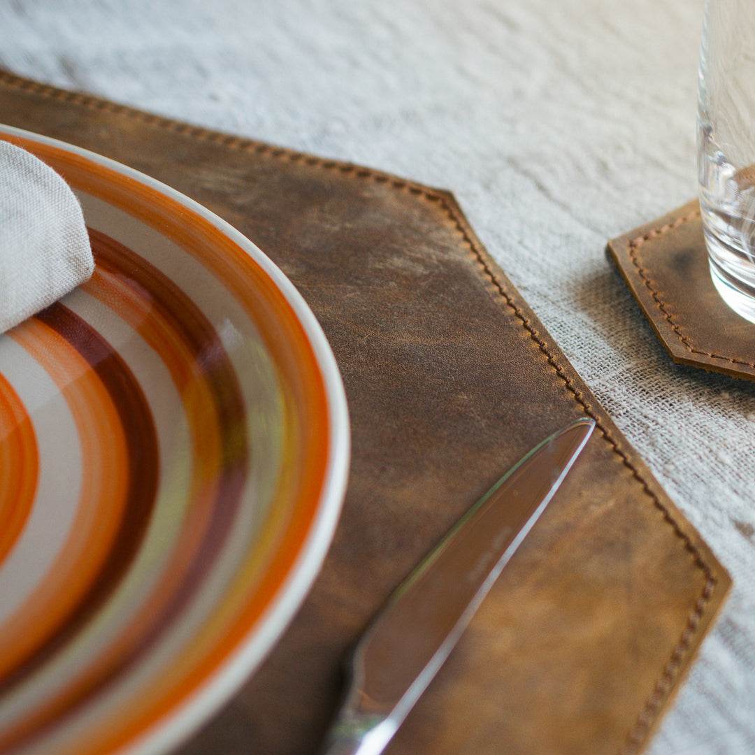 Handmade Octagonal Leather Placemats – Rustic Elegance for Your Table - Chefrollbag