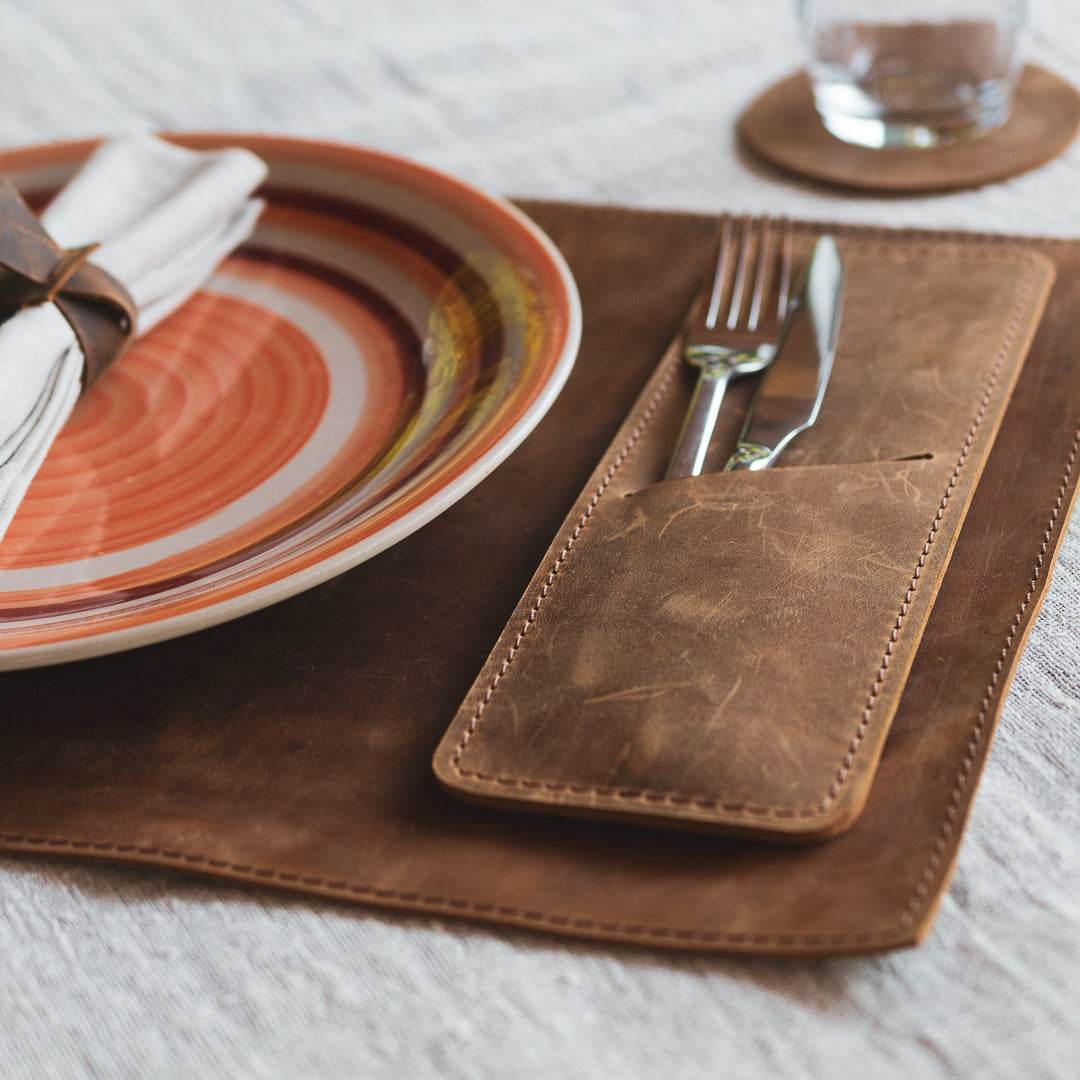 Handmade Crazy Horse Leather Placemat – Rustic Charm & Personal Touch - Chefrollbag