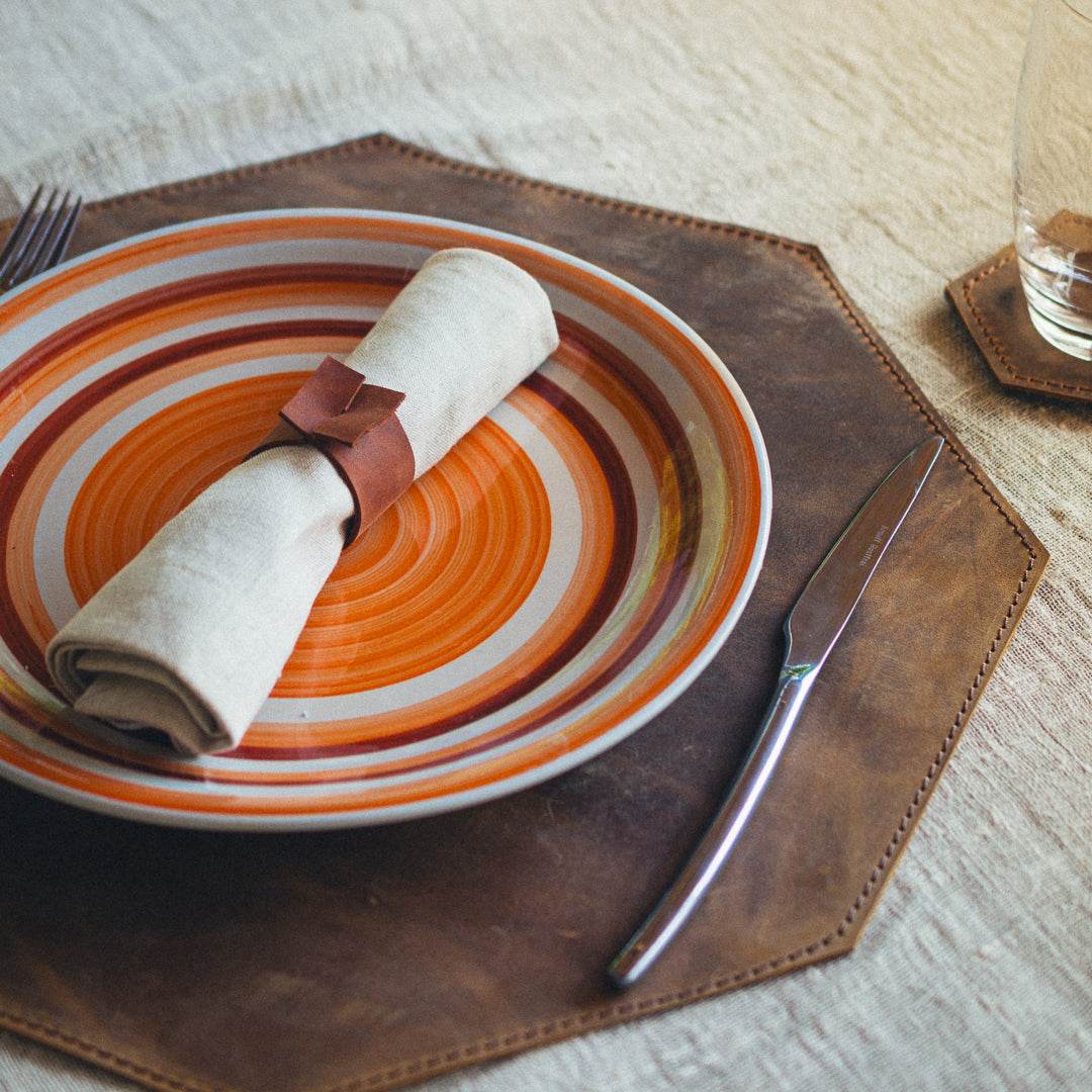 Handmade Octagonal Leather Placemats – Rustic Elegance for Your Table - Chefrollbag